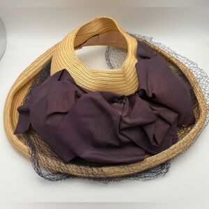 Vintage 40s Woven Straw Brimmed Hat Tulle Trim - Netting - Open Top